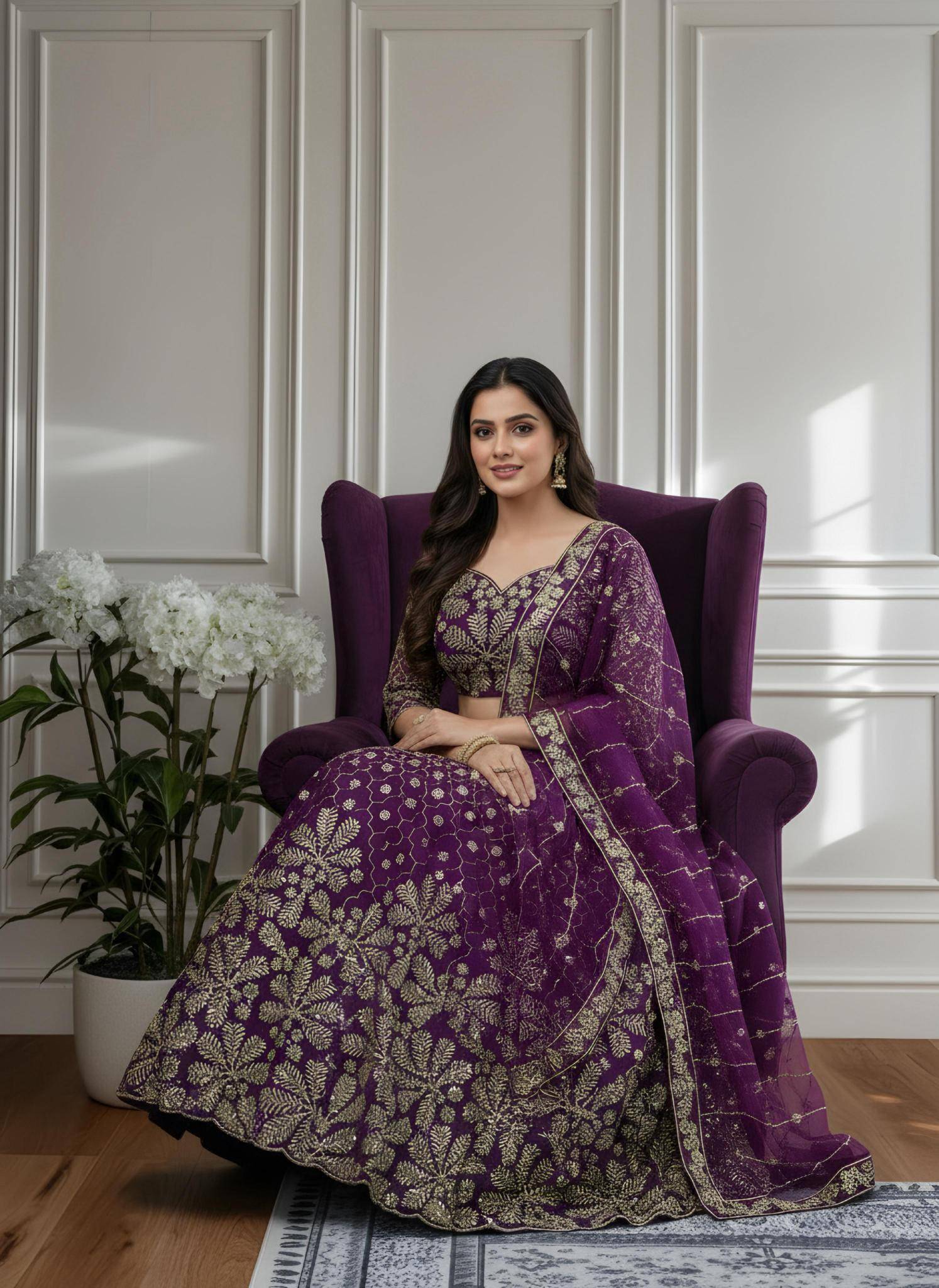 Shine in style with this beautifully Butterfly Net Wine Customized lehengha choli suppliers in India